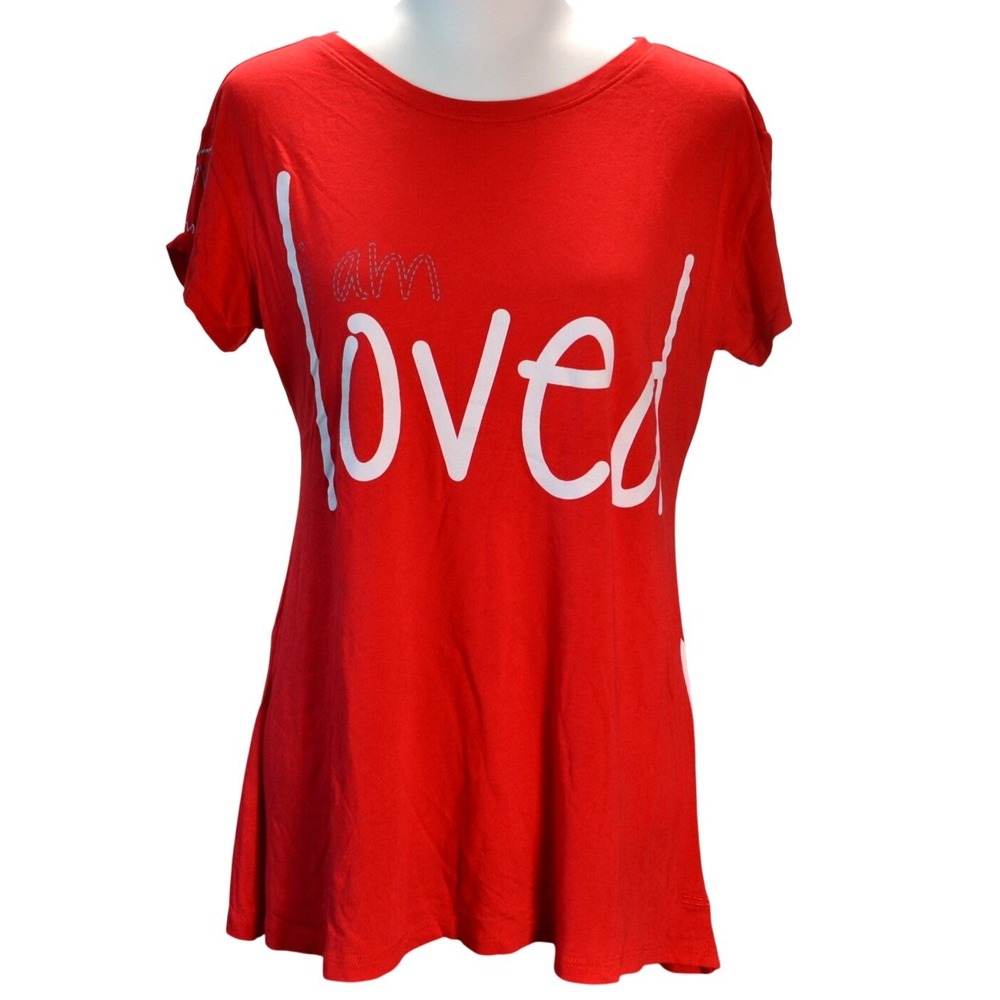 Peace Love World I Am Loved Graphic Tee Casual Red Large Heart Print Soft Cute